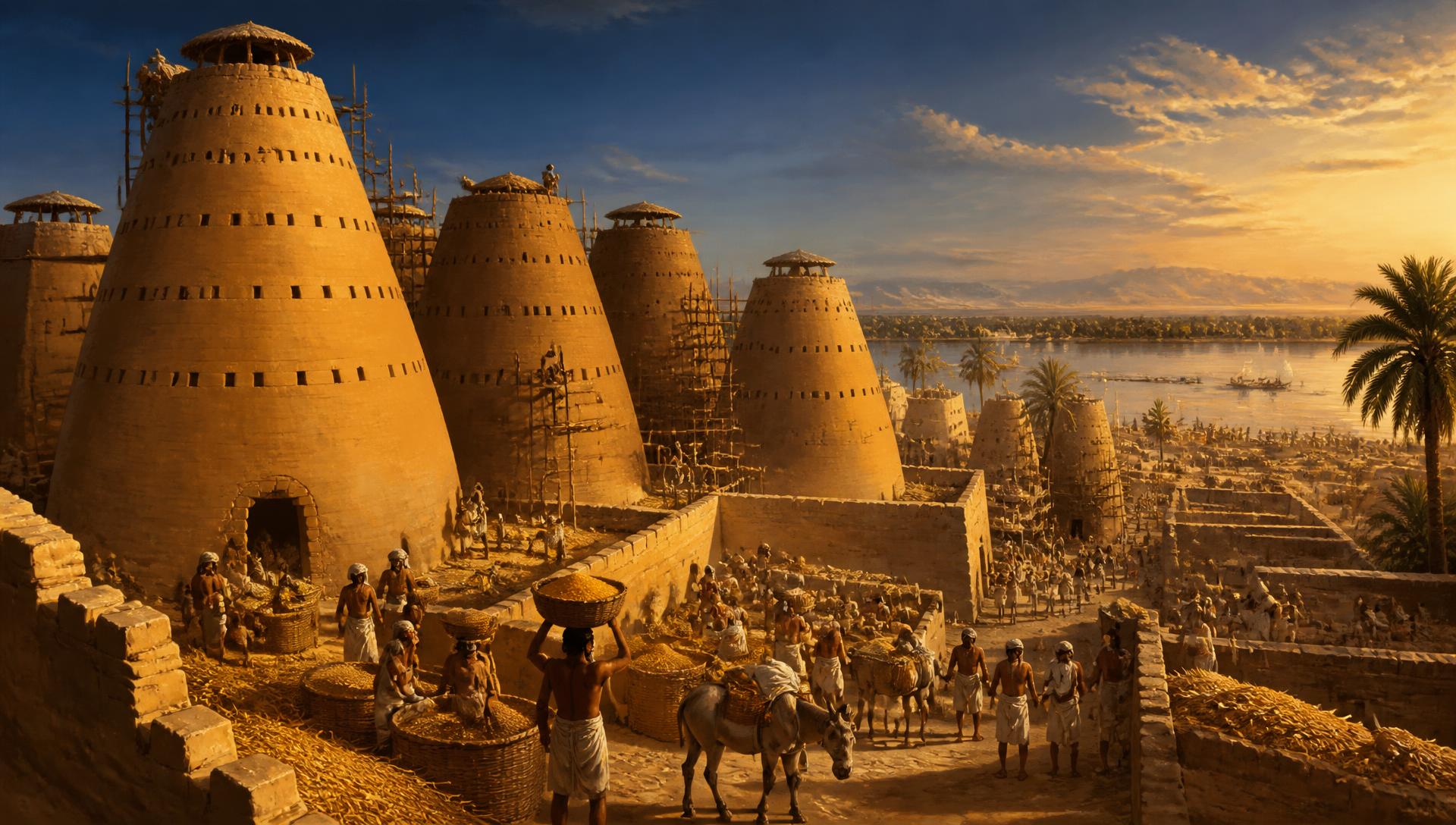 Ancient storehouse city gathering and storing grain beside the Nile